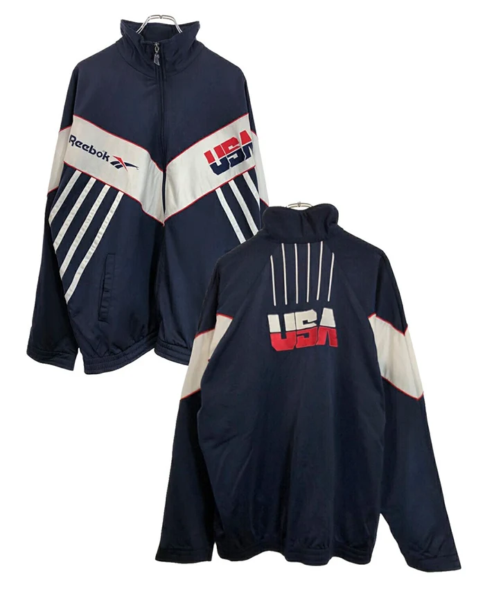WNBA Star Angel Reese Vintage Team USA Blue Polyester Windbreaker Tracksuit front back view