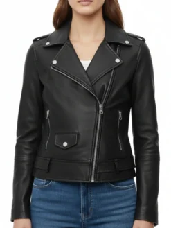 Womens-Black-Oakline-Zipper-Leather-Biker-Jacket