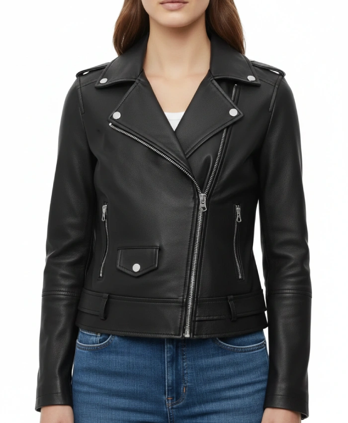 Womens-Black-Oakline-Zipper-Leather-Biker-Jacket