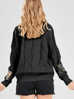 Women's Cable Knit Long Sleeve Black Cardigan Sweater Back