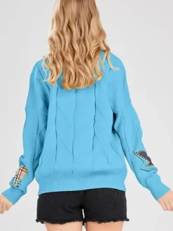 Women's Cable Knit Long Sleeve Blue Cardigan Sweater Back