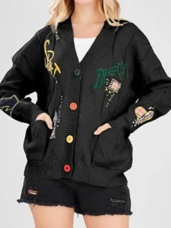 Women's Cable Knit Long Sleeve Cardigan Sweater Black