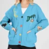Women's Cable Knit Long Sleeve Cardigan Sweater Blue