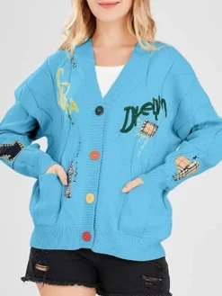 Women's Cable Knit Long Sleeve Cardigan Sweater Blue