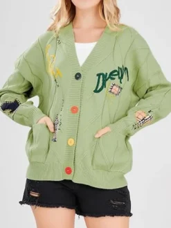 Women's Cable Knit Long Sleeve Cardigan Sweater Green