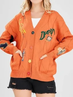 Women's Cable Knit Long Sleeve Cardigan Sweater Orange