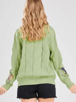 Women's Cable Knit Long Sleeve Green Cardigan Sweater Back