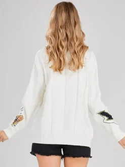 Women's Cable Knit Long Sleeve White Cardigan Sweater Back