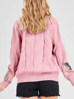 Womens-Chouyatou-Cable-Knit-V-Neck-Button-Down-Embroidery-Cardigan-Pink-Back