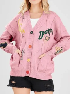 Womens-Chouyatou-Cable-Knit-V-Neck-Button-Down-Embroidery-Cardigan-Pink-Front