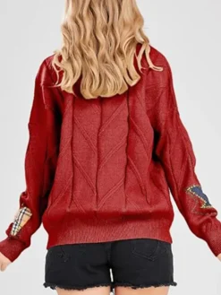 Womens-Chouyatou-Cable-Knit-V-Neck-Button-Down-Embroidery-Cardigan-Red-Back