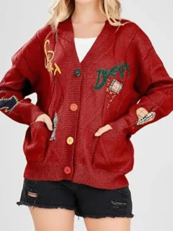 Womens-Chouyatou-Cable-Knit-V-Neck-Button-Down-Embroidery-Cardigan-Red-Front