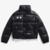 Women's NFL Philadelphia Eagles Off Season Black PU Leather Puffer Jacket front view