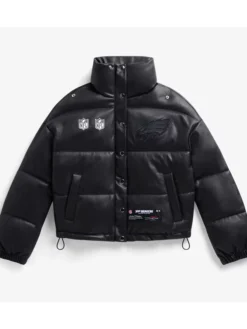 Women's NFL Philadelphia Eagles Off Season Black PU Leather Puffer Jacket front view