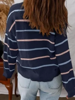 Women's Striped Knit Blue Cardigan Sweater Back