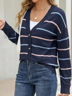 Women's Striped Knit Cardigan Blue Sweater