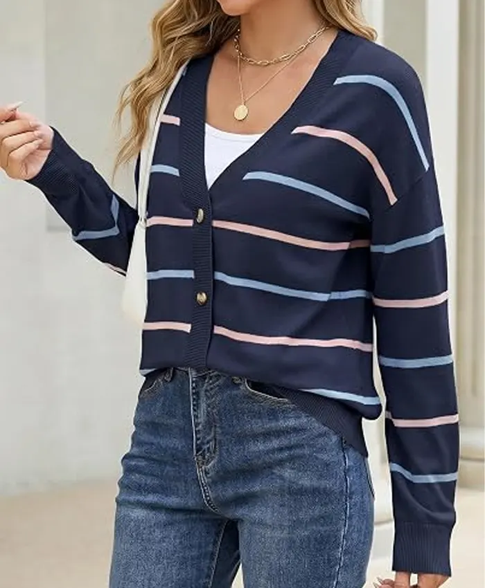 Women's Striped Knit Cardigan Blue Sweater