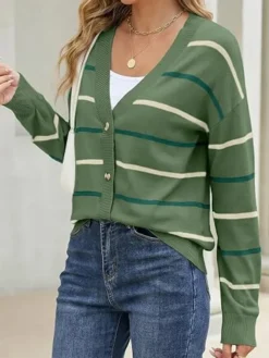 Women's Striped Knit Cardigan Green Sweater