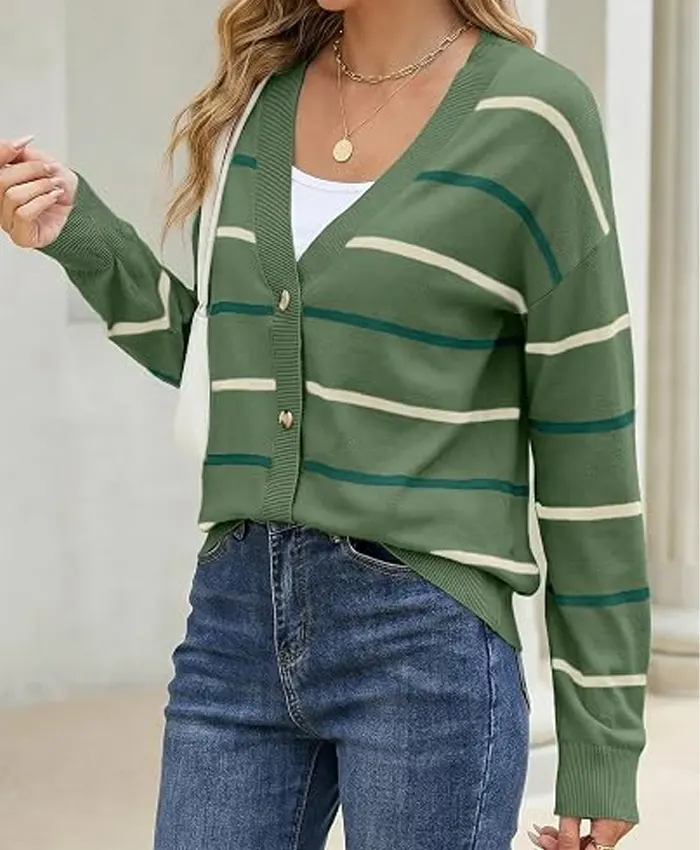 Women's Striped Knit Cardigan Green Sweater