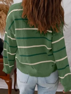 Women's Striped Knit Green Cardigan Sweater Back
