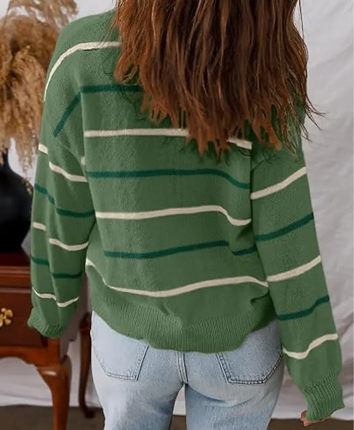 Women's Striped Knit Green Cardigan Sweater Back