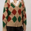 Women's V-Neck Argyle Knit Cardigan Sweater