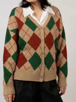 Women's V-Neck Argyle Knit Cardigan Sweater