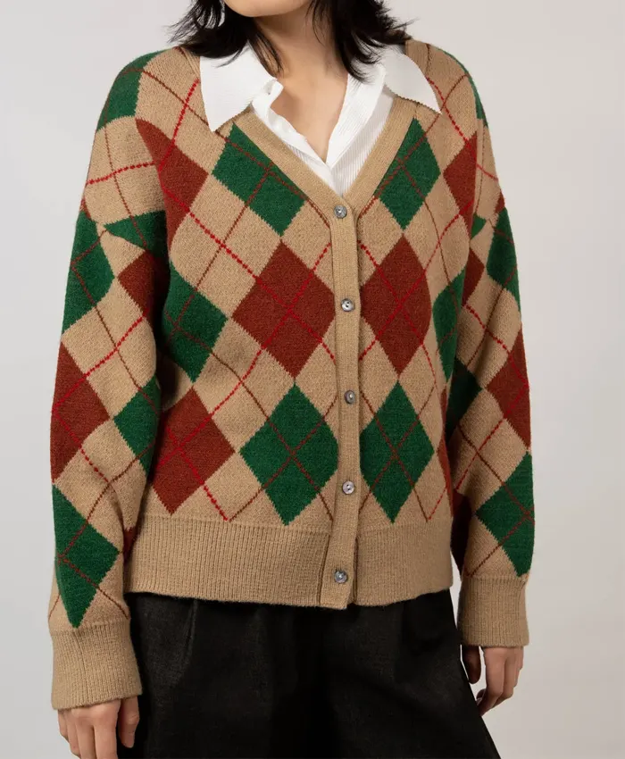 Women's V-Neck Argyle Knit Cardigan Sweater