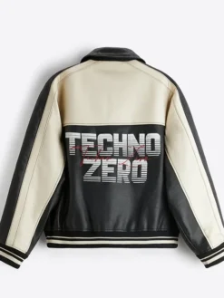 ZARA Men's Techno Zero Color Block Black And Of-White Leather Jacket back view