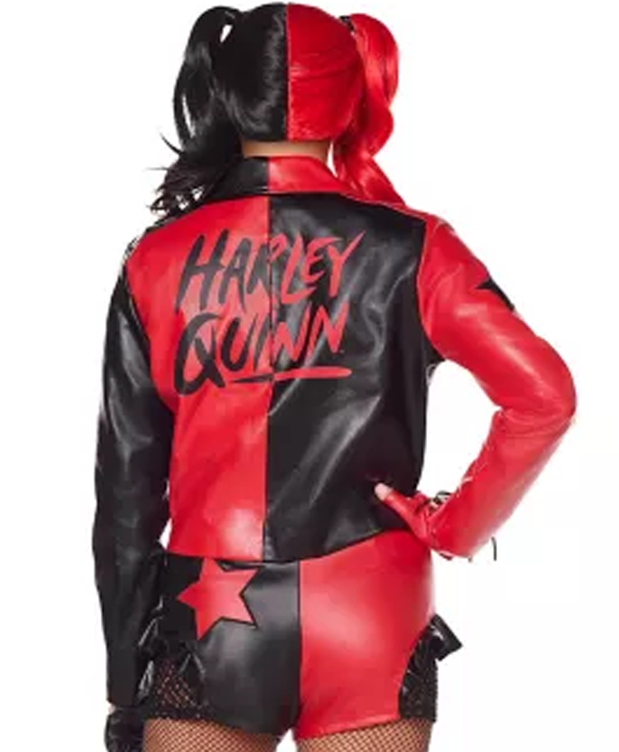 harley quinn black and red leather jacket