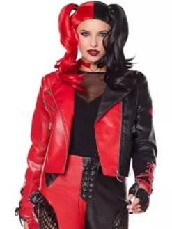harley quinn leather biker jacket black and red
