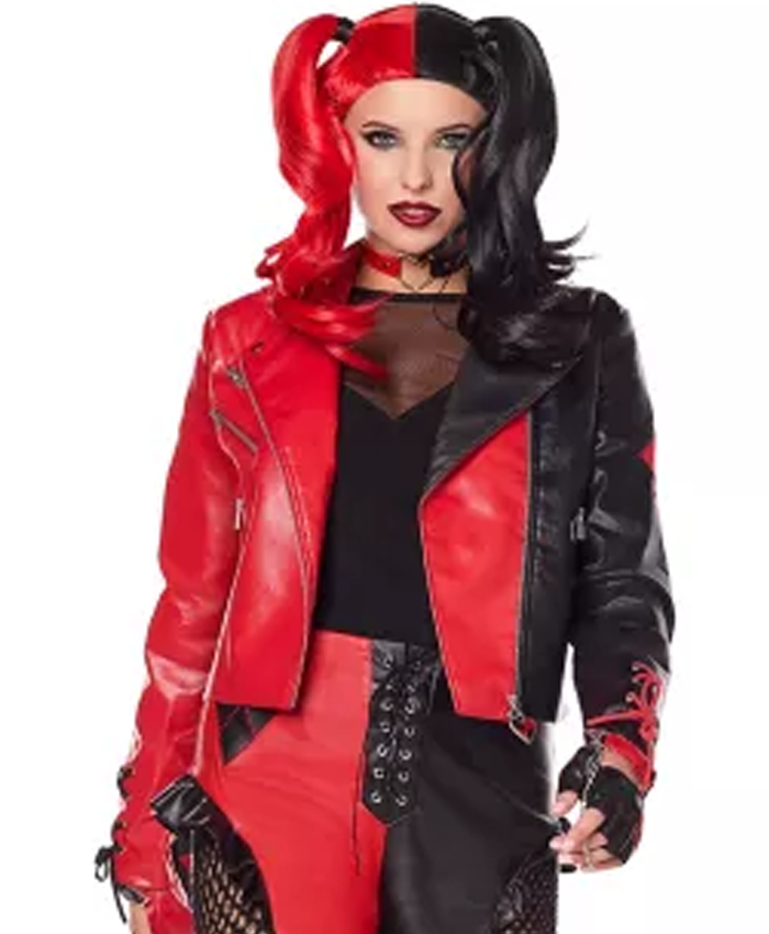 harley quinn leather biker jacket black and red