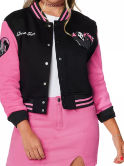 womens ghost face pink varsity jacket