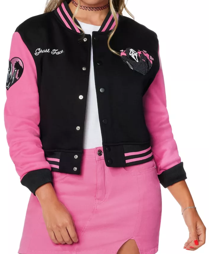 womens ghost face pink varsity jacket