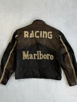 90s Vintage Marlboro Racing Brown Leather Jacket Back