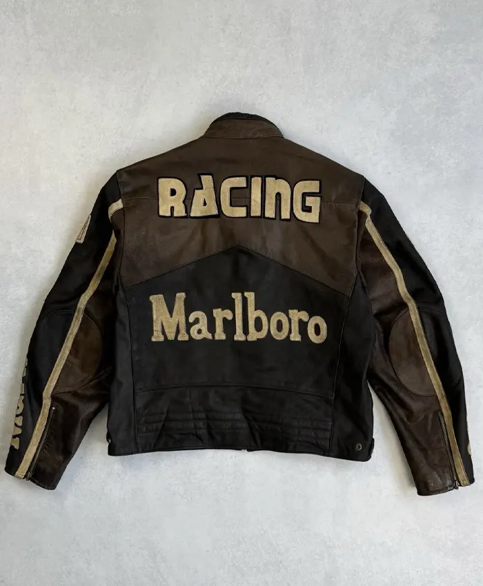 90s Vintage Marlboro Racing Brown Leather Jacket Back