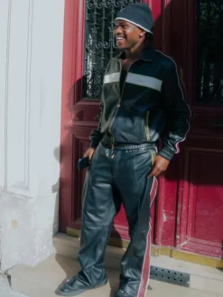 Ademola Lookman Paris Fashion Week Black Leather Tracksuit For Sale