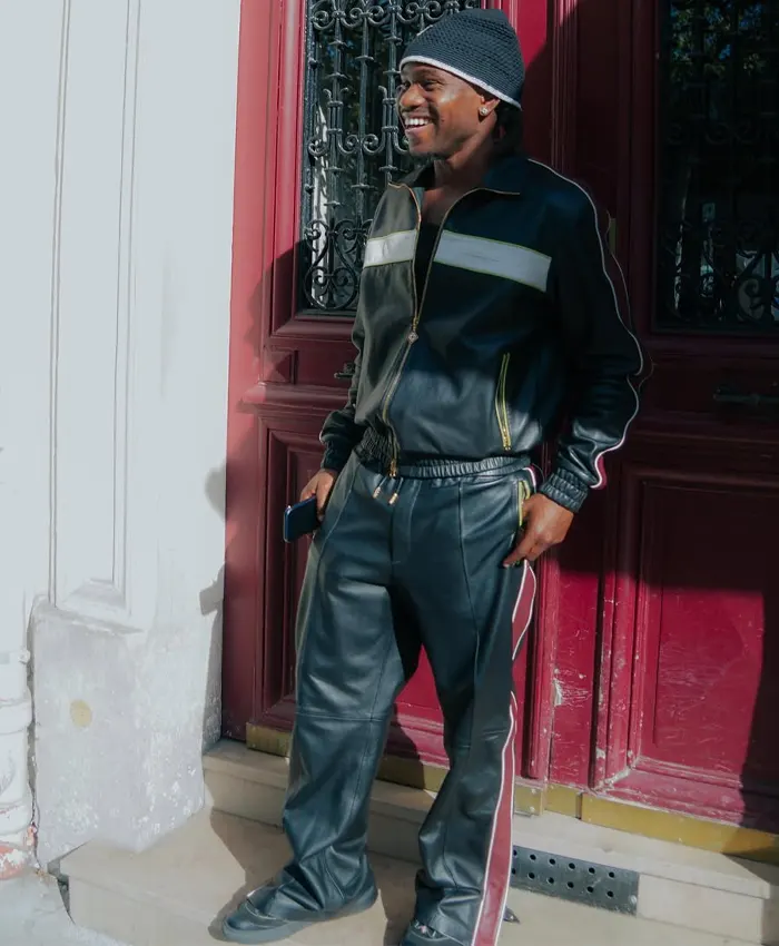 Ademola Lookman Paris Fashion Week Black Leather Tracksuit For Sale