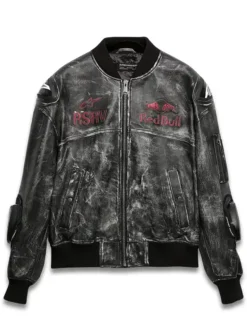 Alpinestars RSRV x Red Bull Black Distressed Bomber Leather Jacket front view