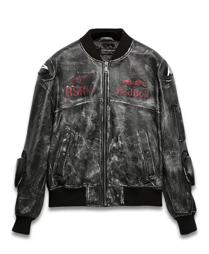 Alpinestars RSRV x Red Bull Black Distressed Bomber Leather Jacket front view
