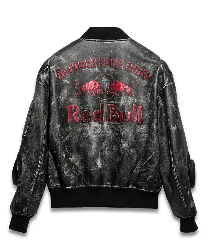 Alpinestars RSRV x Red Bull Black Distressed Leather Bomber Jacket back view