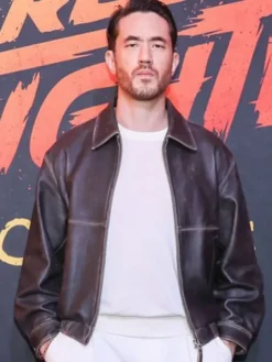 Andrew Koji Movie Street Fighter 2026 Mexico City Distressed Black Leather Jacket front view