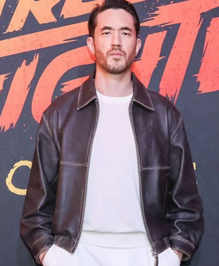 Andrew Koji Movie Street Fighter 2026 Mexico City Distressed Black Leather Jacket front view
