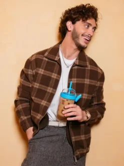 Antonio Cipriano Nespresso Brown Plaid Harrington Jacket