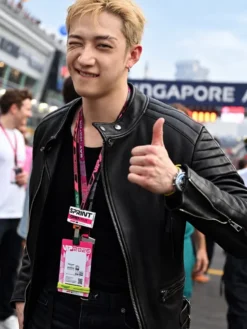Aston Martin F1 Bang Chan Black Leather Bomber Biker Jacket On Sale