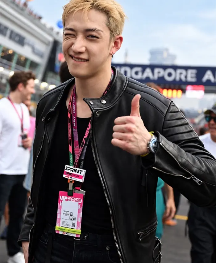 Aston Martin F1 Bang Chan Black Leather Bomber Biker Jacket On Sale