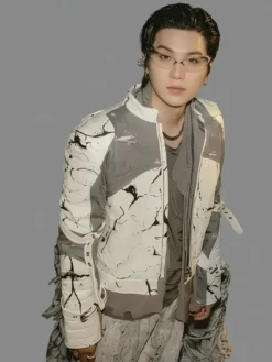 BTS World Tour Arirang Suga LIMA PERU Marble Pprint White and Grey Leather Jacket