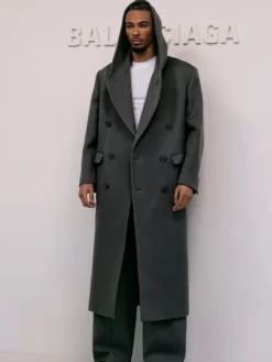 Balenciaga Spring-Summer 2027 Paris Fashion Week Hugo Ekitiké Grey Wool Trench Hooded Coat front view