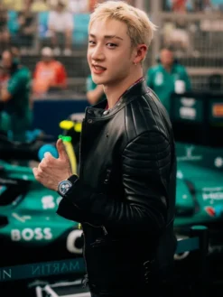 Bang Chan Aston Martin F1 Black Leather Jacket For Sale