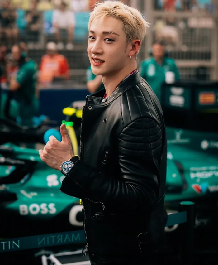 Bang Chan Aston Martin F1 Black Leather Jacket For Sale